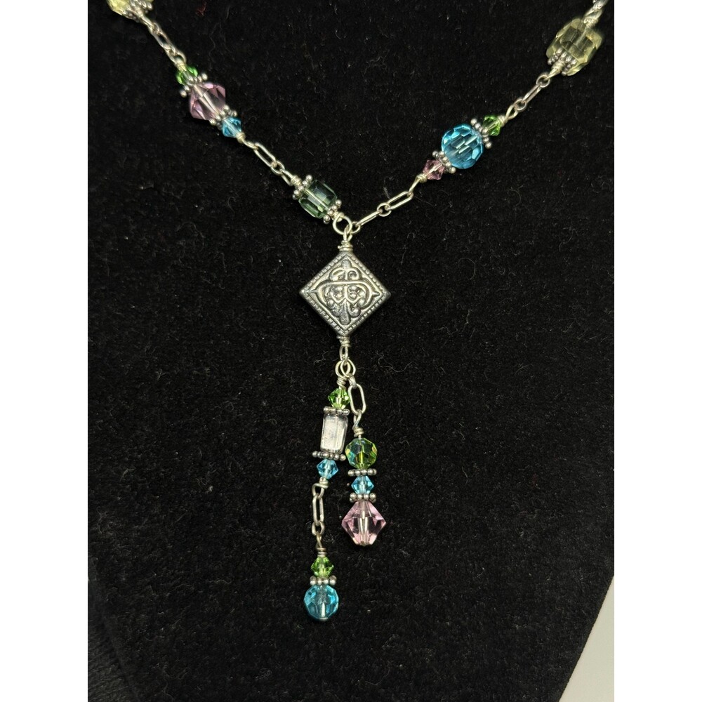 Sterling Silver  Multicolor Crystal Bead Drop Pendant Boho Necklace